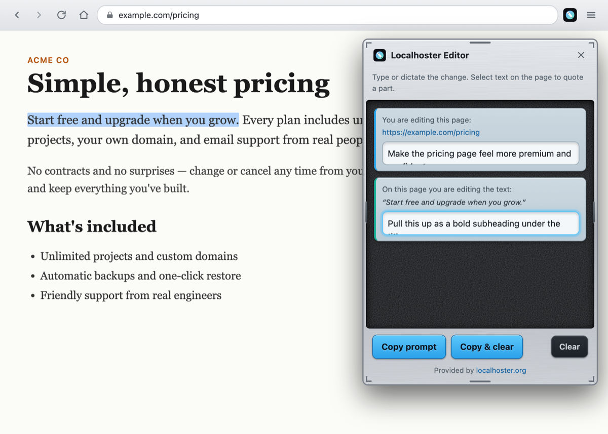 The localhoster editor panel open over a sample web page, with an overall instruction and a quoted selection from the page.